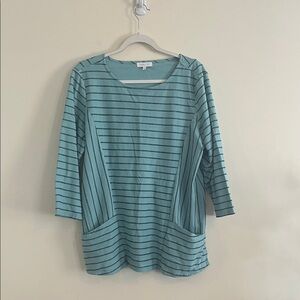 Habitat Striped Tunic Top Embroidered Lagenlook Artsy Casual Blue‎ Cotton L